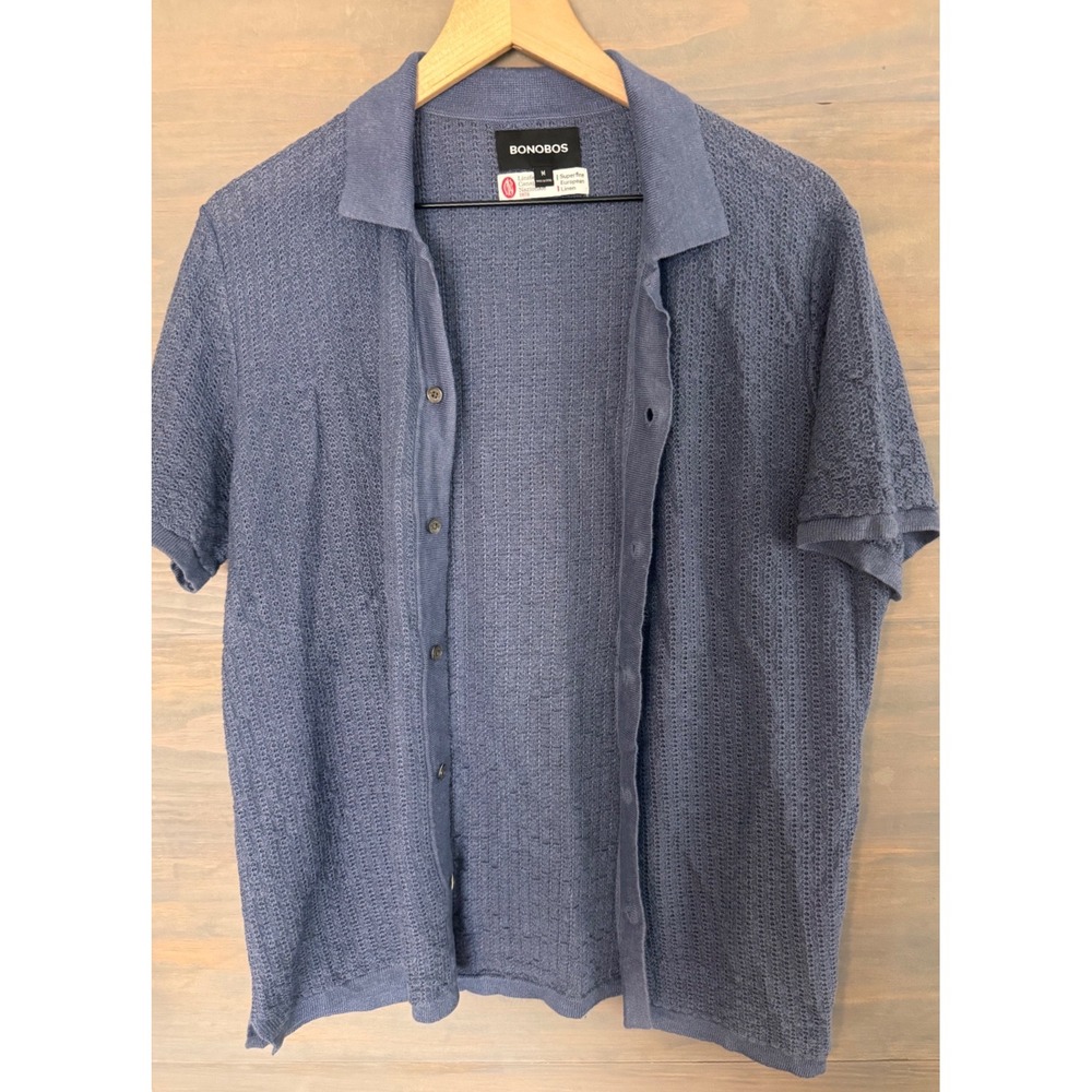Bonobos Mens M Blue Superfine European Linen Knit Camp Collar Button Down Shirt